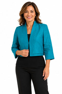 Minuet Petite Womens Teal Linen Blend Cropped 3/4 Sleeve Jacket Lined 38 / S/ M